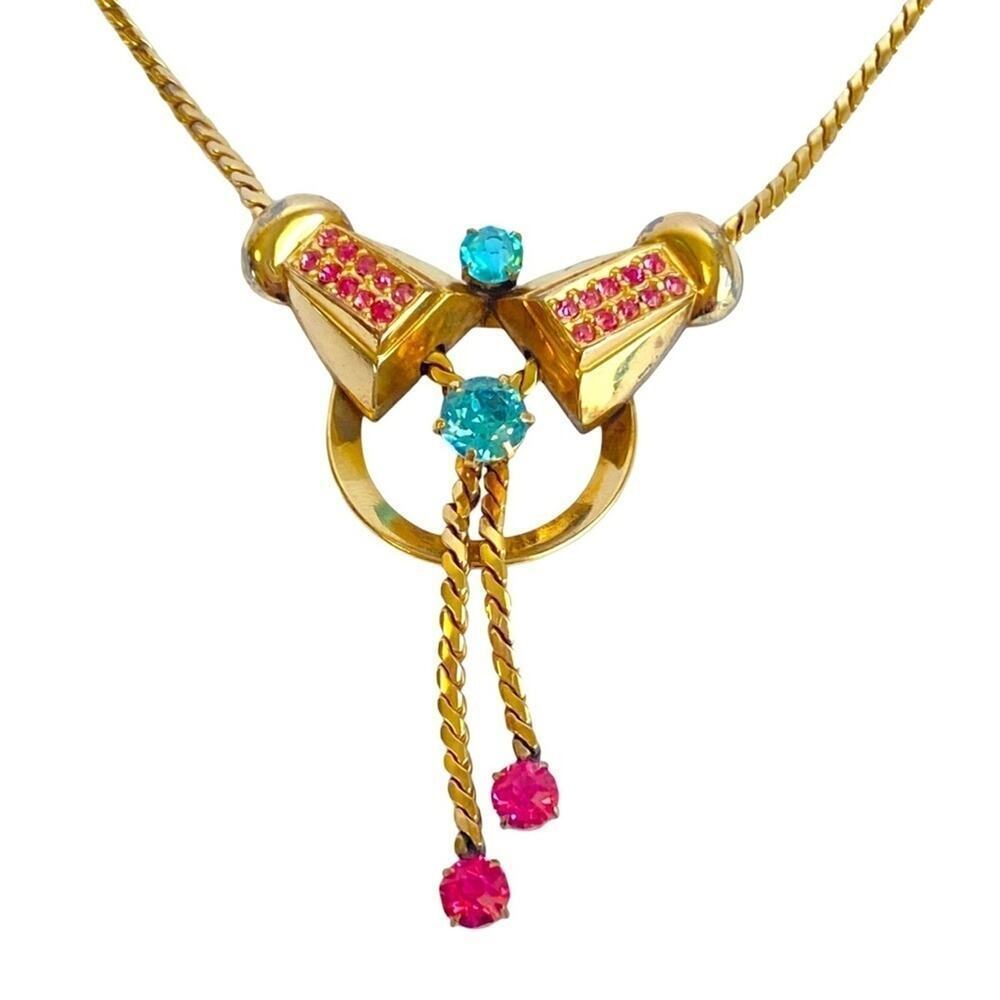 Vintage REGEL 12K Gold Filled Necklace Pink Blue Rhinestone Art Deco Lariat Drop